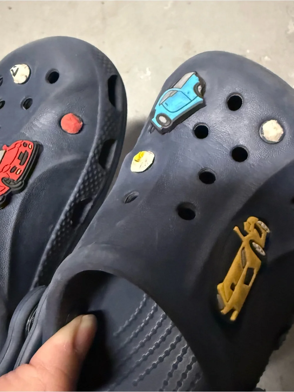 Toddler Classic Clogs Navy Blue with vehicle-themed Jibbitz charms C9 GUC